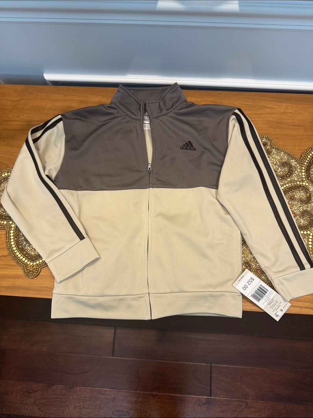 adidas Kids Two-Tone Track Jacket in Beige and Gray with black stripes, kids sz6